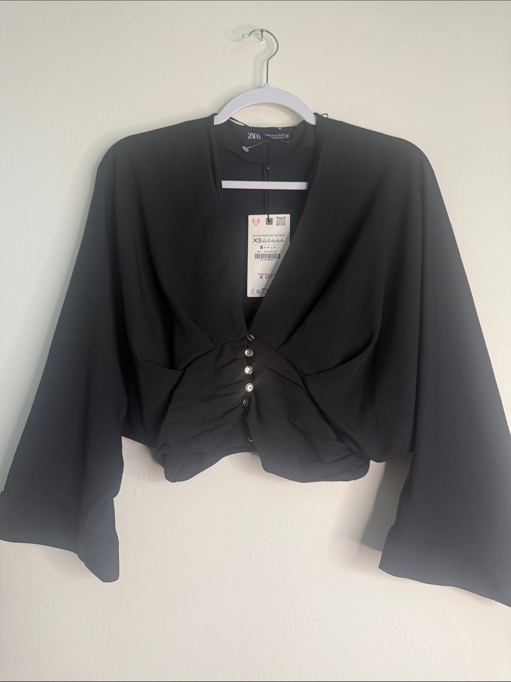 Zara Black Ruched Button-Front Cropped Blouse - Picture 7 of 8